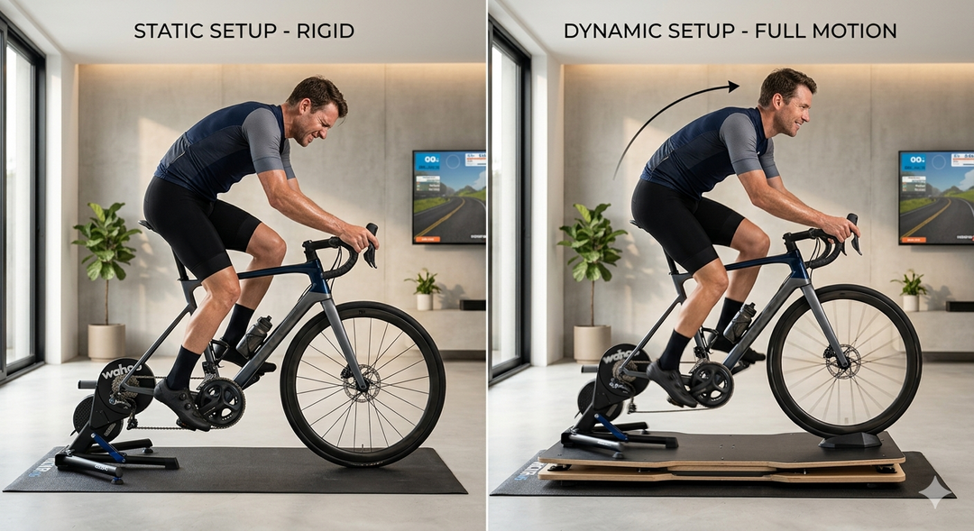 Comparison graphic of full-motion versus side-to-side rocker plates for indoor cycling