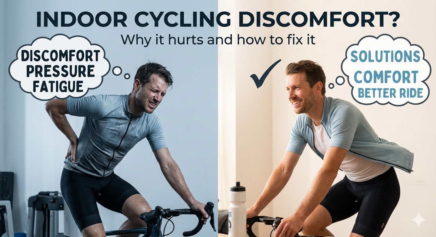 Graphic illustrating why indoor cycling causes discomfort and how to fix it